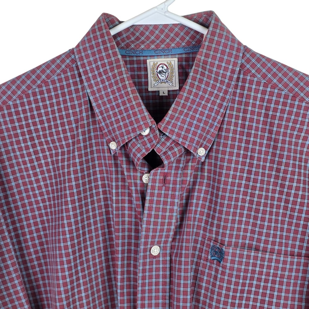 Cinch Button Down Shirt Mens Large Burgundy Plaid Good Short Sleeve Western